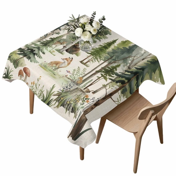 Waterproof Tablecloth Animals Bear Deer Fox Rabbit Square Table Cloth 54x54in,Wipeable Washable Table Cover Retro Tree on Linen Tablecloths for Dining Tables Kitchen Picnic Camping Ourdoor Party