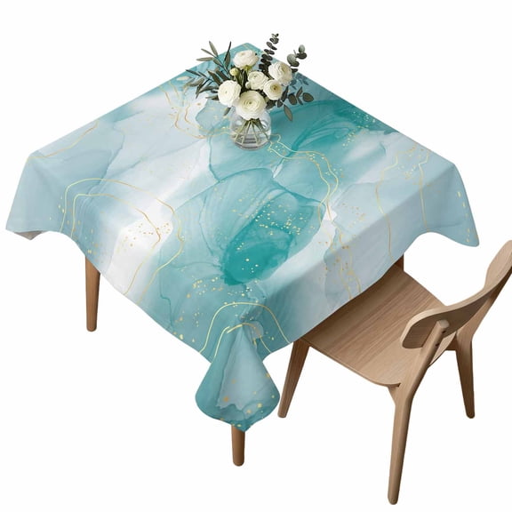 Waterproof Tablecloth Aqua Gradient Marble Abstract Ombre Square Table Cloth 54x54in,Wipeable Washable Table Cover Gold Stripe Ink Art Tablecloths for Dining Tables Kitchen Picnic Camping Ourdoor