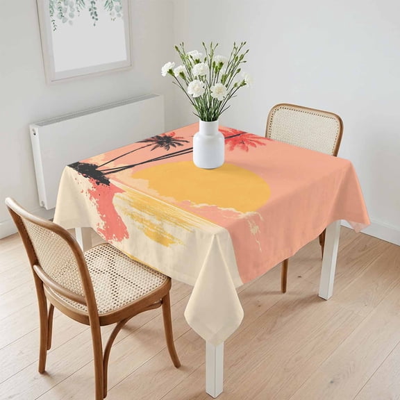 Waterproof Tablecloth Beach Palm Tree Sunset Scene Square Table Cloth 60x60in,Wipeable Washable Table Cover Retro Summer Ocean Tablecloths for Dining Tables Kitchen Picnic Camping Ourdoor Party