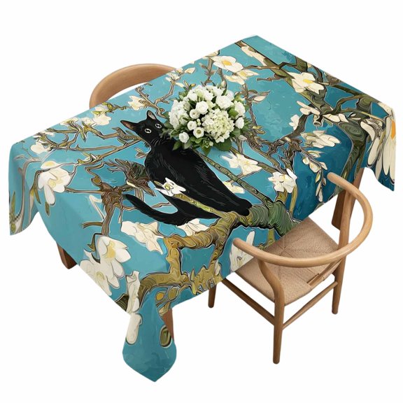 Waterproof Tablecloth Black Cat on Branches Rectangle Table Cloth 60x120in,Wipeable Washable Table Cover Oil Style Cute Kitty Tablecloths for Dining Tables Kitchen Picnic Camping Ourdoor Party