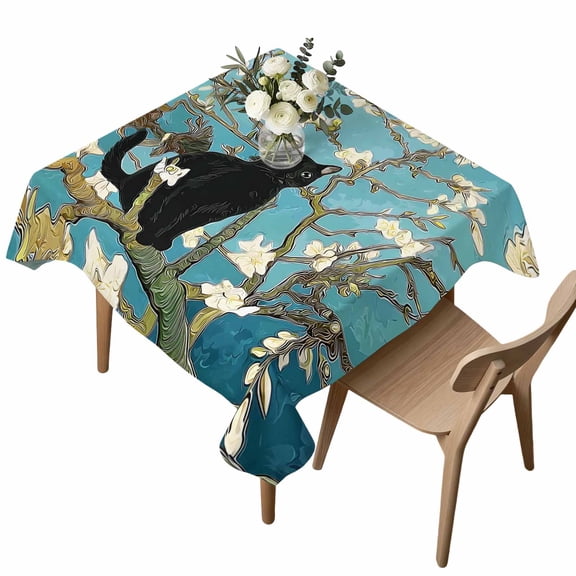Waterproof Tablecloth Black Cat on Branches Square Table Cloth 54x54in,Wipeable Washable Table Cover Oil Style Cute Kitty Tablecloths for Dining Tables Kitchen Picnic Camping Ourdoor Party