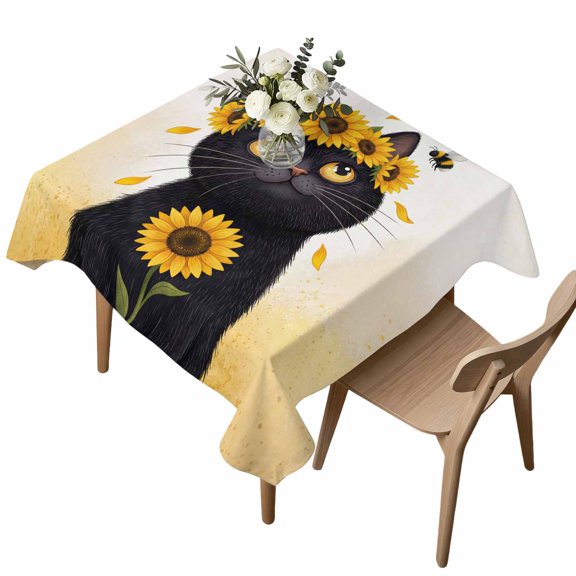 Waterproof Tablecloth Black Cat Yellow Sunflower Bee Square Table Cloth 54x54in,Wipeable Washable Table Cover Country Pastoral Animal Plant Tablecloths for Dining Tables Kitchen Picnic Ourdoor