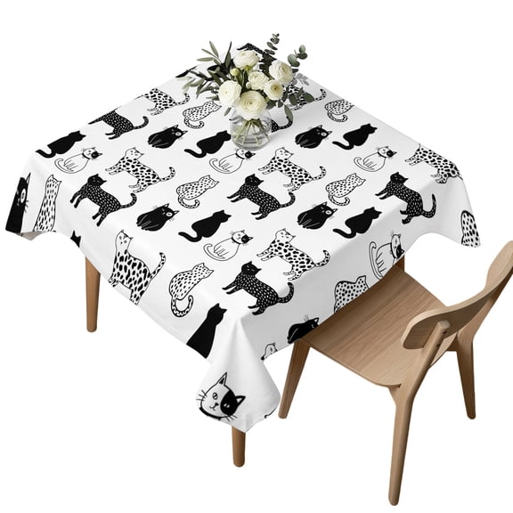 Waterproof Tablecloth Black White Cats Square Table Cloth 54x54in,Wipeable Washable Table Cover Cute Spotted Leopard Print Kitty Tablecloths for Dining Tables Kitchen Picnic Camping Ourdoor Party