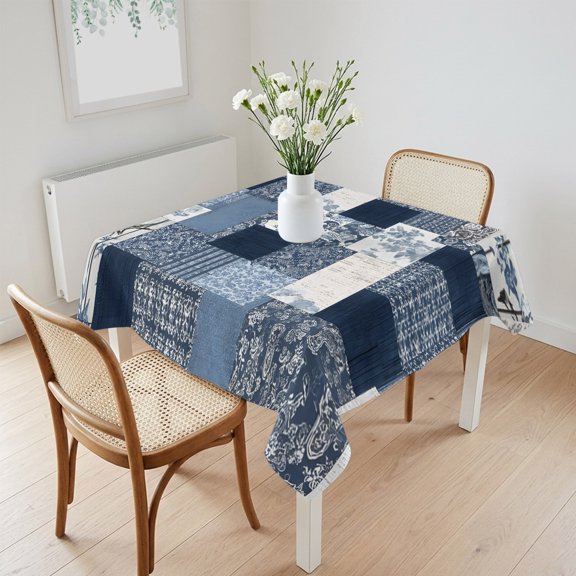Waterproof Tablecloth Blue Geometric Retro Patchwork Square Table Cloth 60x60in,Wipeable Washable Table Cover Vintage Floral Texture Tablecloths for Dining Tables Kitchen Picnic Camping Ourdoor