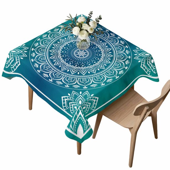 Waterproof Tablecloth Bohemian Abstract Flower Teal Blue Gradient Square Table Cloth 54x54in,Wipeable Washable Table Cover Gorgeous Style Tablecloths for Dining Tables Kitchen Picnic Ourdoor