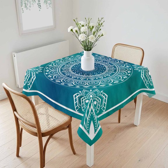 Waterproof Tablecloth Bohemian Abstract Flower Teal Blue Gradient Square Table Cloth 60x60in,Wipeable Washable Table Cover Gorgeous Style Tablecloths for Dining Tables Kitchen Picnic Ourdoor