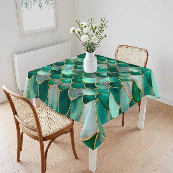 Waterproof Tablecloth Bohemian Emerald Green Fish Scales Square Table Cloth 60x60in,Wipeable Washable Table Cover Retro Abstract Tablecloths for Dining Tables Kitchen Picnic Camping Ourdoor Party