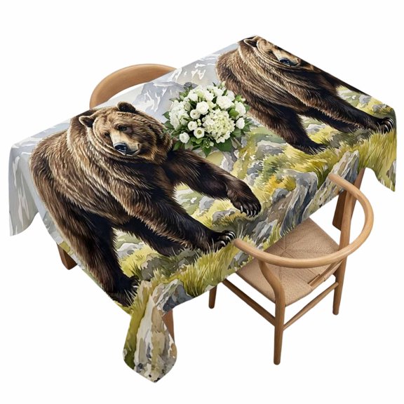Waterproof Tablecloth Brown Animal Grizzly Bear Rectangle Table Cloth 60x120in,Wipeable Washable Table Cover Mountain Peaks Tablecloths for Dining Tables Kitchen Picnic Camping Ourdoor Party