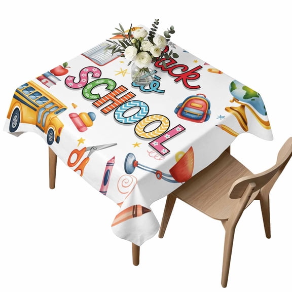 Waterproof Tablecloth Bus Bag Globe Crayon Desklamp Square Table Cloth 54x54in,Wipeable Washable Table Cover Back to School Season Tablecloths for Dining Tables Kitchen Picnic Camping Ourdoor Party
