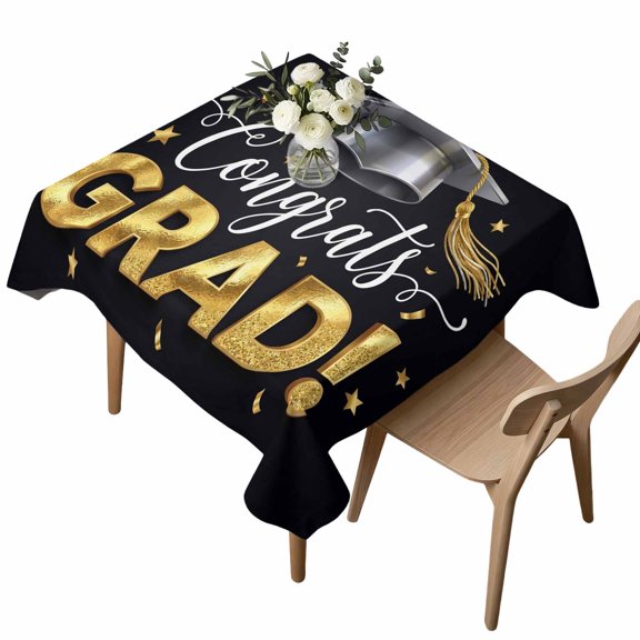Waterproof Tablecloth Cartoon Bachelor's Hat Star Square Table Cloth 54x54in,Wipeable Washable Table Cover Congrats Grad Quote Tablecloths for Dining Tables Kitchen Picnic Camping Ourdoor Party