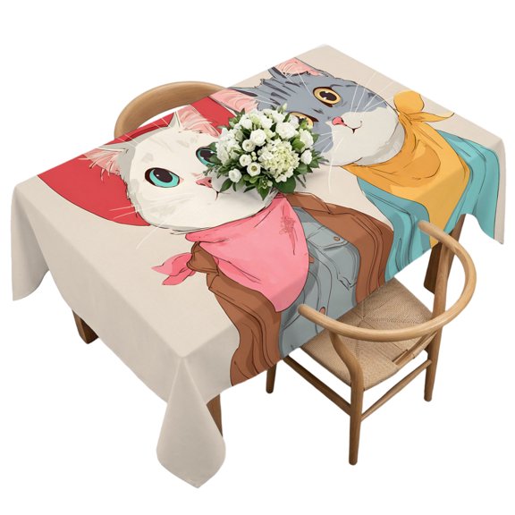 Waterproof Tablecloth Cartoon Cute Cowgirl Cats Rectangle Table Cloth 60x120in,Wipeable Washable Table Cover Western Hats Bandanas Tablecloths for Dining Tables Kitchen Picnic Camping Ourdoor Party