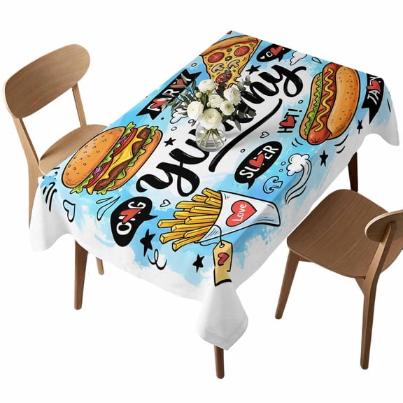 Waterproof Tablecloth Cartoon Food Abstract Graffiti Rectangle Table Cloth 52x70in,Wipeable Washable Table Cover Blue Sky with Clouds Tablecloths for Dining Tables Kitchen Picnic Camping Ourdoor