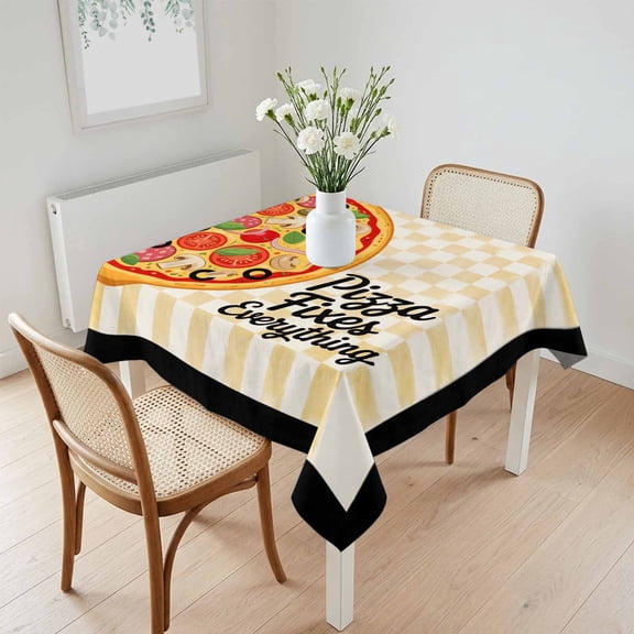Waterproof Tablecloth Cartoon Pizza on Yellow Plaid Square Table Cloth 60x60in,Wipeable Washable Table Cover Farmhouse Fruit Leaves Tablecloths for Dining Tables Kitchen Picnic Camping Ourdoor