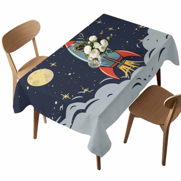 Waterproof Tablecloth Cartoon Space Rocket Launch Stars and Moon Rectangle Table Cloth 52x70in,Wipeable Washable Table Cover Outer Planet Tablecloths for Dining Tables Kitchen Picnic Ourdoor