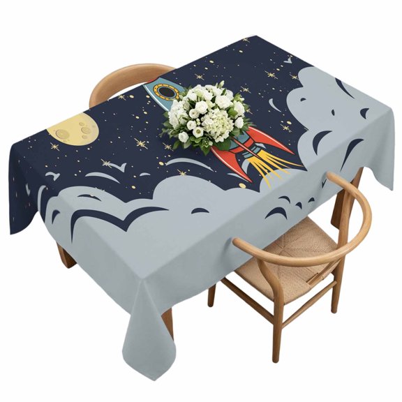Waterproof Tablecloth Cartoon Space Rocket Launch Stars and Moon Rectangle Table Cloth 60x120in,Wipeable Washable Table Cover Outer Planet Tablecloths for Dining Tables Kitchen Picnic Ourdoor
