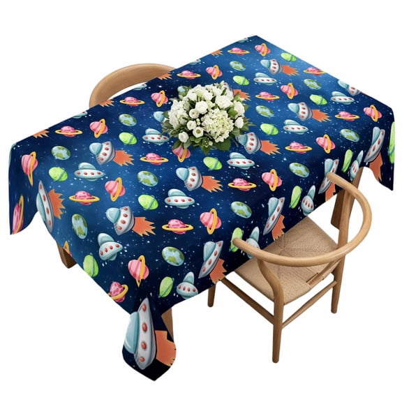 Waterproof Tablecloth Cartoon Spaceship Dream Planet Rectangle Table Cloth 60x120in,Wipeable Washable Table Cover Outer Space Stars Moon Tablecloths for Dining Tables Kitchen Picnic Camping Ourdoor