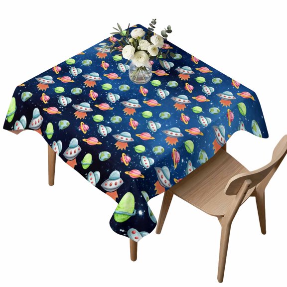Waterproof Tablecloth Cartoon Spaceship Dream Planet Square Table Cloth 54x54in,Wipeable Washable Table Cover Outer Space Stars Moon Tablecloths for Dining Tables Kitchen Picnic Camping Ourdoor
