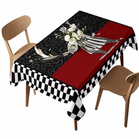 Waterproof Tablecloth Chef Retro Red Floral Black Checker Rectangle Table Cloth 52x70in,Wipeable Washable Table Cover Cartoon Cook Gourmet Tablecloths for Dining Tables Kitchen Picnic Ourdoor
