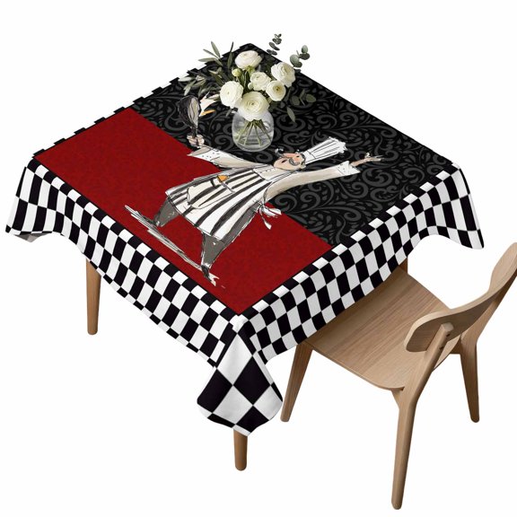 Waterproof Tablecloth Chef Retro Red Floral Black Checker Square Table Cloth 54x54in,Wipeable Washable Table Cover Cartoon Cook Gourmet Tablecloths for Dining Tables Kitchen Picnic Camping Ourdoor