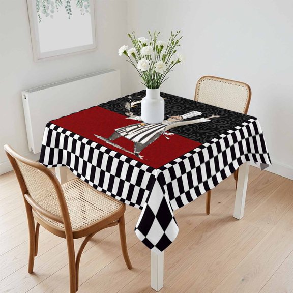 Waterproof Tablecloth Chef Retro Red Floral Black Checker Square Table Cloth 60x60in,Wipeable Washable Table Cover Cartoon Cook Gourmet Tablecloths for Dining Tables Kitchen Picnic Camping Ourdoor