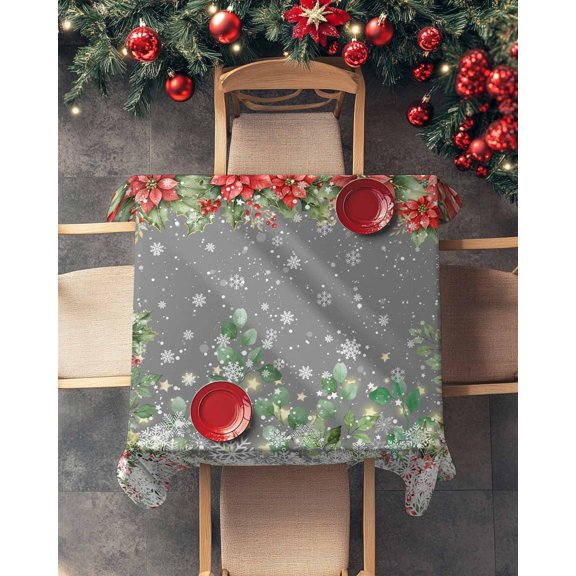 Waterproof Tablecloth Christmas Poinsettia Berry Leaf Square Table Cloth 60x60in,Washable Table Cover Winter Snowflake on Gray Tablecloths for Dining Tables Kitchen Picnic Camping Outdoor Party