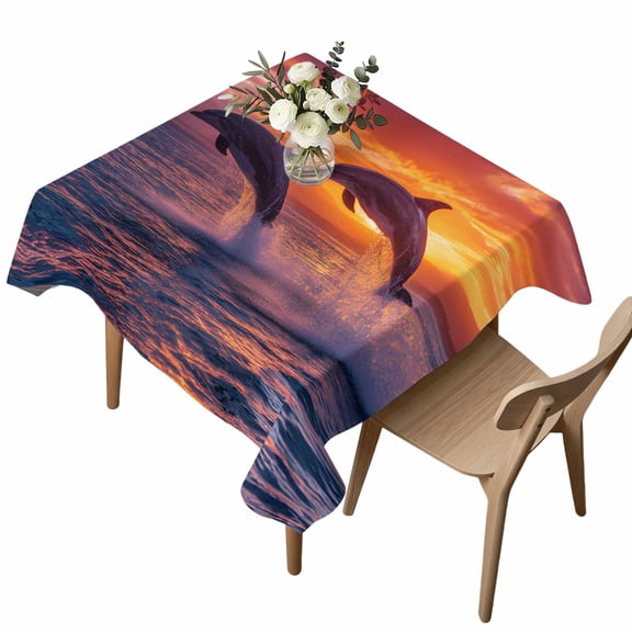 Waterproof Tablecloth Coastal Ocean Dolphins Sunset Square Table Cloth 54x54in,Wipeable Washable Table Cover Summer Seaside Natural Scenery Tablecloths for Dining Tables Kitchen Picnic Ourdoor