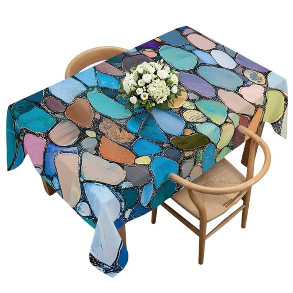 Waterproof Tablecloth Colorful Abstract Pebble Stone Rectangle Table Cloth 60x120in,Wipeable Washable Table Cover Retro Tiles Mosaic Pattern Tablecloths for Dining Tables Kitchen Picnic Ourdoor