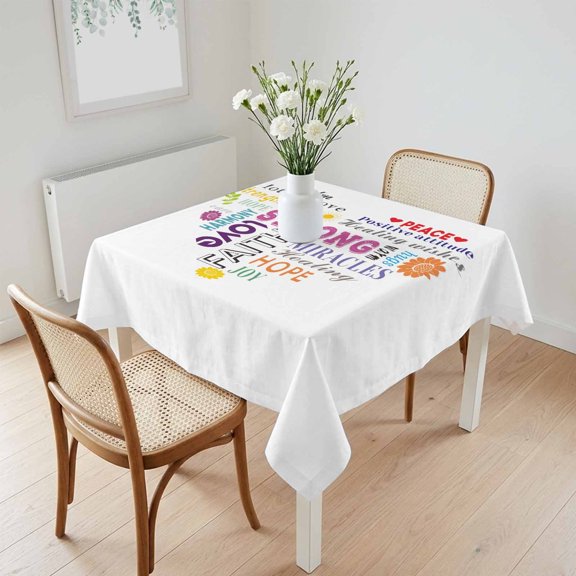 Waterproof Tablecloth Colorful Inspirational Quotes with Love Heart Square Table Cloth 60x60in,Wipeable Washable Table Cover White Tablecloths for Dining Tables Kitchen Picnic Camping Ourdoor Party