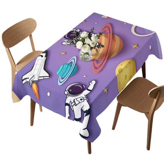 Waterproof Tablecloth Cosmonaut Planet Rocket Ship Rectangle Table Cloth 52x70in,Wipeable Washable Table Cover Cartoon Outer Space Purple Tablecloths for Dining Tables Kitchen Picnic Ourdoor