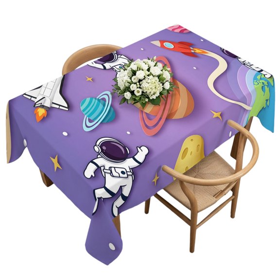 Waterproof Tablecloth Cosmonaut Planet Rocket Ship Rectangle Table Cloth 60x120in,Wipeable Washable Table Cover Cartoon Outer Space Purple Tablecloths for Dining Tables Kitchen Picnic Ourdoor