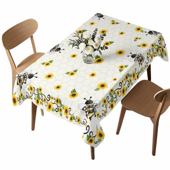 Waterproof Tablecloth Country Sunflower Leaf Bee Rectangle Table Cloth 52x70in,Wipeable Washable Table Cover Farmhouse Yellow Flower Bees Tablecloths for Dining Tables Kitchen Picnic Ourdoor