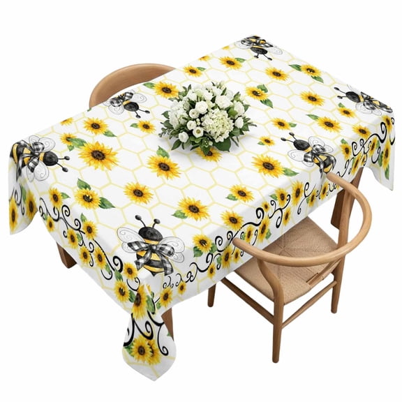Waterproof Tablecloth Country Sunflower Leaf Bee Rectangle Table Cloth 60x120in,Wipeable Washable Table Cover Farmhouse Yellow Flower Bees Tablecloths for Dining Tables Kitchen Picnic Ourdoor