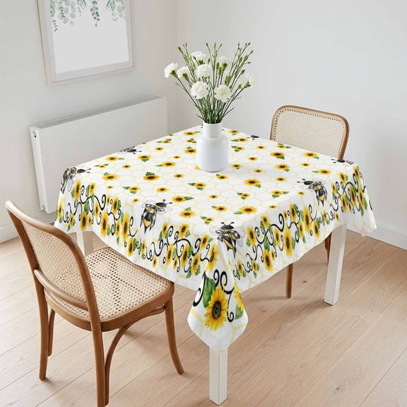 Waterproof Tablecloth Country Sunflower Leaf Bee Square Table Cloth 60x60in,Wipeable Washable Table Cover Farmhouse Yellow Flower Bees Tablecloths for Dining Tables Kitchen Picnic Camping Ourdoor