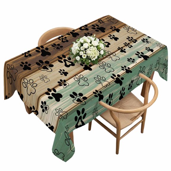 Waterproof Tablecloth Cute Animal Footprints on Wood Plank Rectangle Table Cloth 60x120in,Wipeable Washable Table Cover Farmhouse Wooden Board Tablecloths for Dining Tables Kitchen Picnic Ourdoor