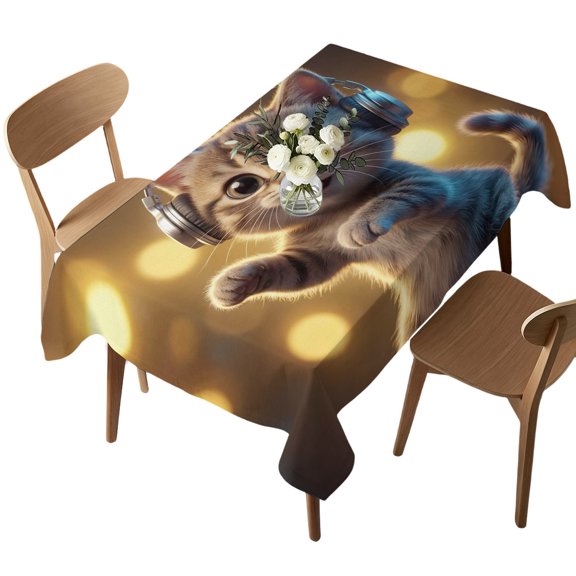 Waterproof Tablecloth Cute Cat with Headphones Rectangle Table Cloth 52x70in,Wipeable Washable Table Cover Abstract Funny Animal Art Tablecloths for Dining Tables Kitchen Picnic Camping Ourdoor