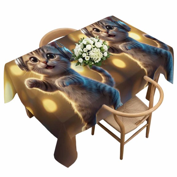 Waterproof Tablecloth Cute Cat with Headphones Rectangle Table Cloth 60x120in,Wipeable Washable Table Cover Abstract Funny Animal Art Tablecloths for Dining Tables Kitchen Picnic Camping Ourdoor