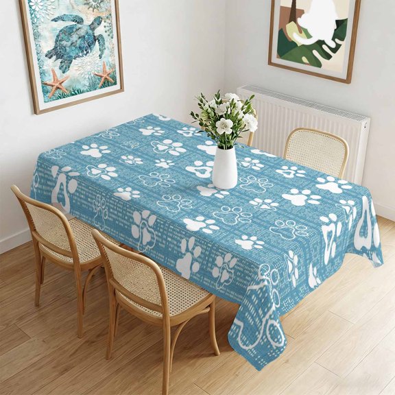 Waterproof Tablecloth Cute Pet Footprints on Sky Blue Rectangle Table Cloth 60x102in,Wipeable Washable Table Cover Abstract Little Paws Tablecloths for Dining Tables Kitchen Picnic Camping Ourdoor