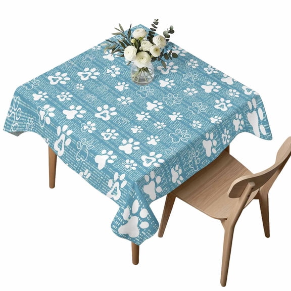 Waterproof Tablecloth Cute Pet Footprints on Sky Blue Square Table Cloth 54x54in,Wipeable Washable Table Cover Abstract Little Paws Tablecloths for Dining Tables Kitchen Picnic Camping Ourdoor