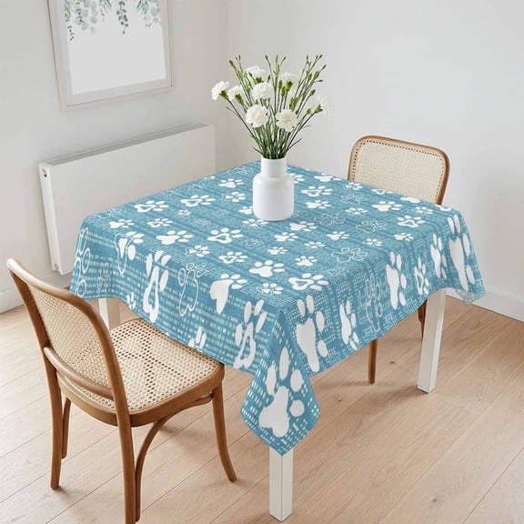 Waterproof Tablecloth Cute Pet Footprints on Sky Blue Square Table Cloth 60x60in,Wipeable Washable Table Cover Abstract Little Paws Tablecloths for Dining Tables Kitchen Picnic Camping Ourdoor