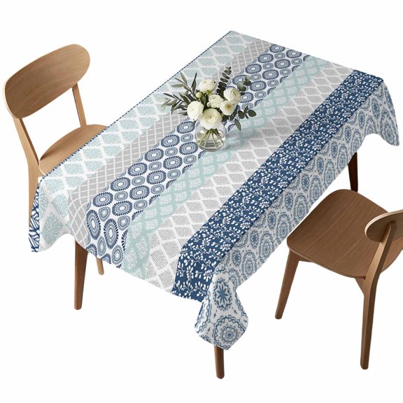 Waterproof Tablecloth Ethnic Blue Stripes Abstract Geometric Rectangle Table Cloth 52x70in,Wipeable Washable Table Cover Damask Flower Boho Style Tablecloths for Dining Tables Kitchen Picnic