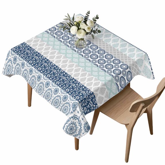 Waterproof Tablecloth Ethnic Blue Stripes Abstract Geometric Square Table Cloth 54x54in,Wipeable Washable Table Cover Damask Flower Boho Style Tablecloths for Dining Tables Kitchen Picnic Ourdoor