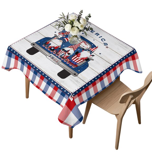 Waterproof Tablecloth Farm Blue Truck and Gnome on Wood Board Square Table Cloth 54x54in,Wipeable Washable Table Cover Buffalo Grid Tablecloths for Dining Tables Kitchen Picnic Camping Ourdoor