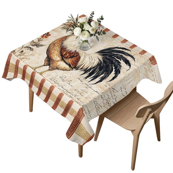 Waterproof Tablecloth Farm Rooster Retro Flower Square Table Cloth 54x54in,Wipeable Washable Table Cover Brown Stripe Tablecloths for Dining Tables Kitchen Picnic Camping Ourdoor Party