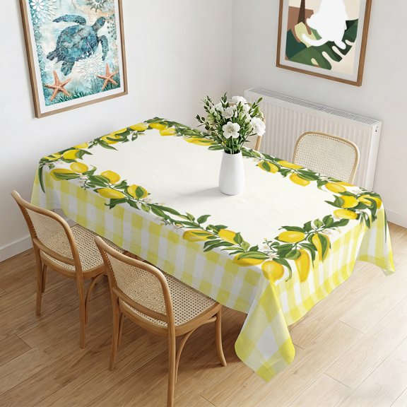 Waterproof Tablecloth Farm Summer Lemon Rectangle Table Cloth 60x102in,Wipeable Washable Table Cover Yellow Check Border Tablecloths for Dining Tables Kitchen Picnic Camping Ourdoor Party