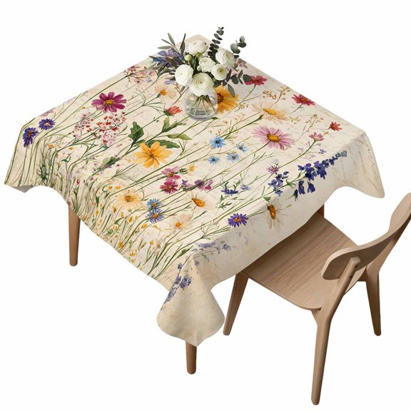 Waterproof Tablecloth Farm Watercolor Flower Plants Square Table Cloth 54x54in,Wipeable Washable Table Cover Summer Wildflower Vintage Letters Tablecloths for Dining Tables Kitchen Picnic Ourdoor