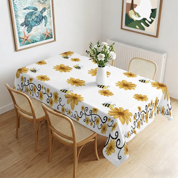 Waterproof Tablecloth Farm Yellow Small Sunflowers Rectangle Table Cloth 60x102in,Wipeable Washable Table Cover Busy Bees Tablecloths for Dining Tables Kitchen Picnic Camping Ourdoor Party