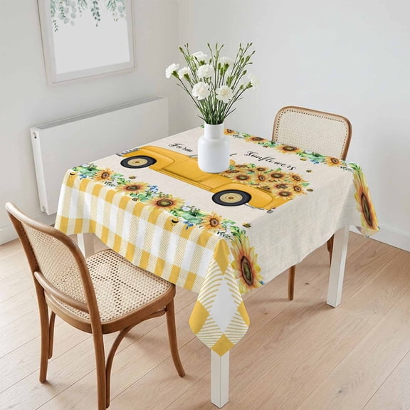 Waterproof Tablecloth Farm Yellow Trucks Sunflowers on Linen Square Table Cloth 60x60in,Wipeable Washable Table Cover Vintage Floral Leaf Tablecloths for Dining Tables Kitchen Picnic Ourdoor