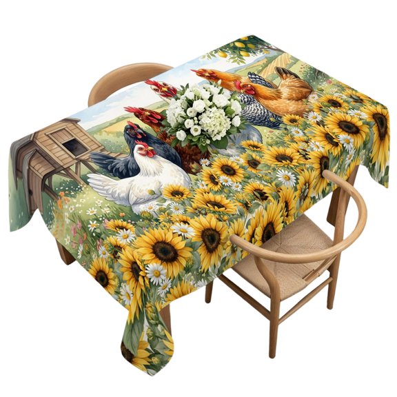 Waterproof Tablecloth Farmhouse Animals Chickens Rectangle Table Cloth 60x120in,Wipeable Washable Table Cover Watercolor Sunflowers Tablecloths for Dining Tables Kitchen Picnic Camping Ourdoor