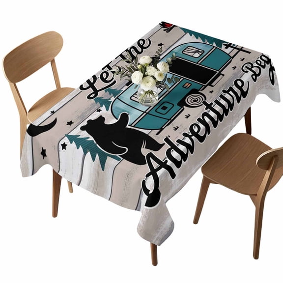 Waterproof Tablecloth Farmhouse Bear Camper Van Tree Rectangle Table Cloth 52x70in,Wipeable Washable Table Cover Vintage Wood Grain Tablecloths for Dining Tables Kitchen Picnic Camping Ourdoor