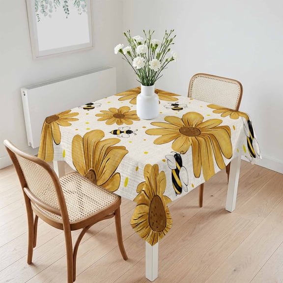 Waterproof Tablecloth Farmhouse Blossom Daisy Flower Square Table Cloth 60x60in,Wipeable Washable Table Cover Yellow Polka Dot Bee Linen Style Tablecloths for Dining Tables Kitchen Picnic Ourdoor